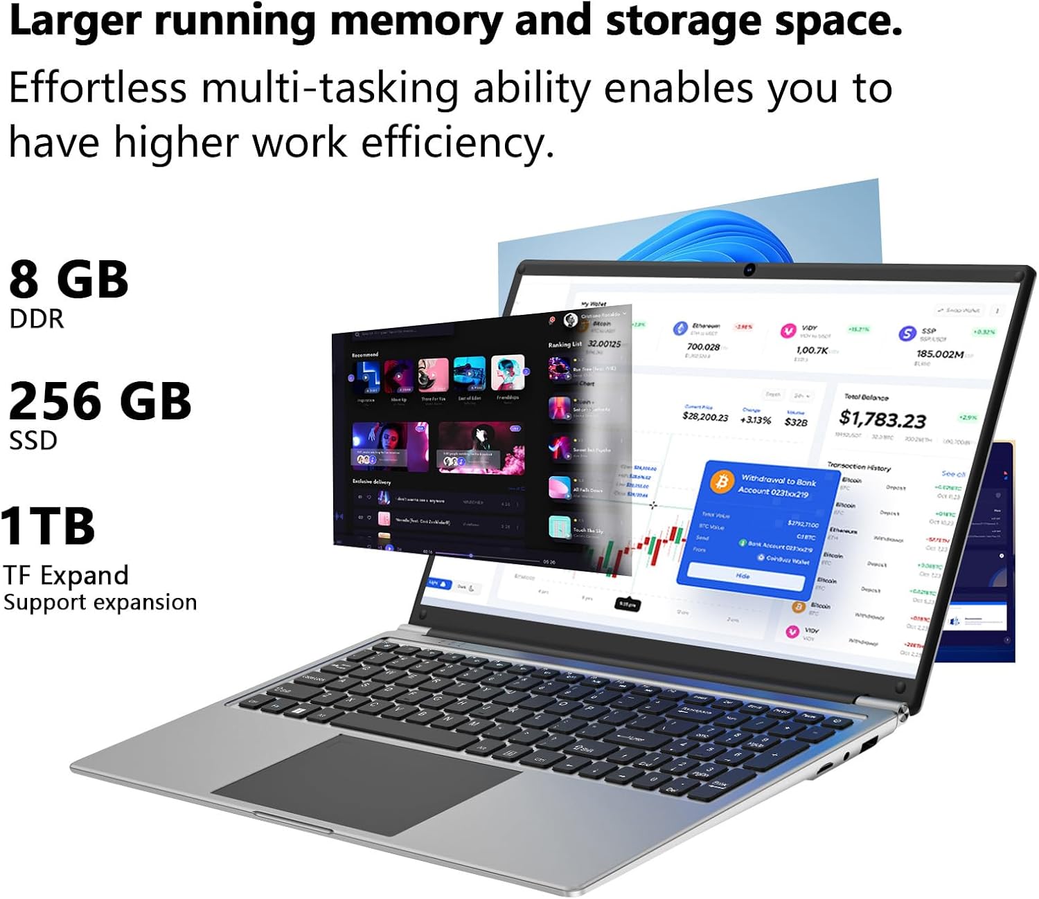 Laptop 16-inch 8GB DDR 256GB SSD portable laptop computer, expandable to 1TB, AMD A9-9400 Radeon R5 CPU up to 3.2 GHz, 9000mAh battery, Numeric Keypad, USB 3.0, dual-band WiFi, webcam, slim laptops - Image 3