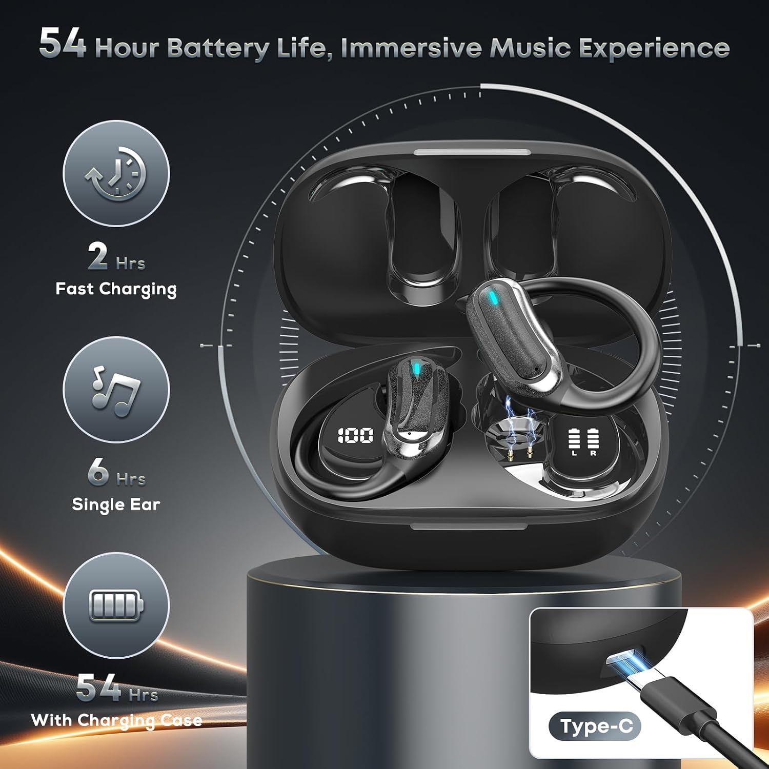 Wireless Earbuds Bluetooth Headphones, 54H Playtime Stereo Over Ear Buds with ENC Noise Cancelling, LED Power Display, IPX7 Waterproof Sport Earphones with Earhooks for Running/Workouts (Black) - Image 3