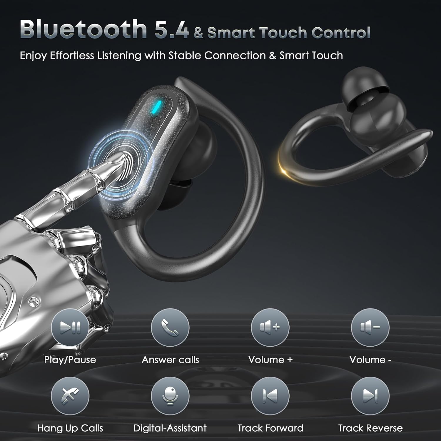 Wireless Earbuds Bluetooth Headphones, 54H Playtime Stereo Over Ear Buds with ENC Noise Cancelling, LED Power Display, IPX7 Waterproof Sport Earphones with Earhooks for Running/Workouts (Black) - Image 4