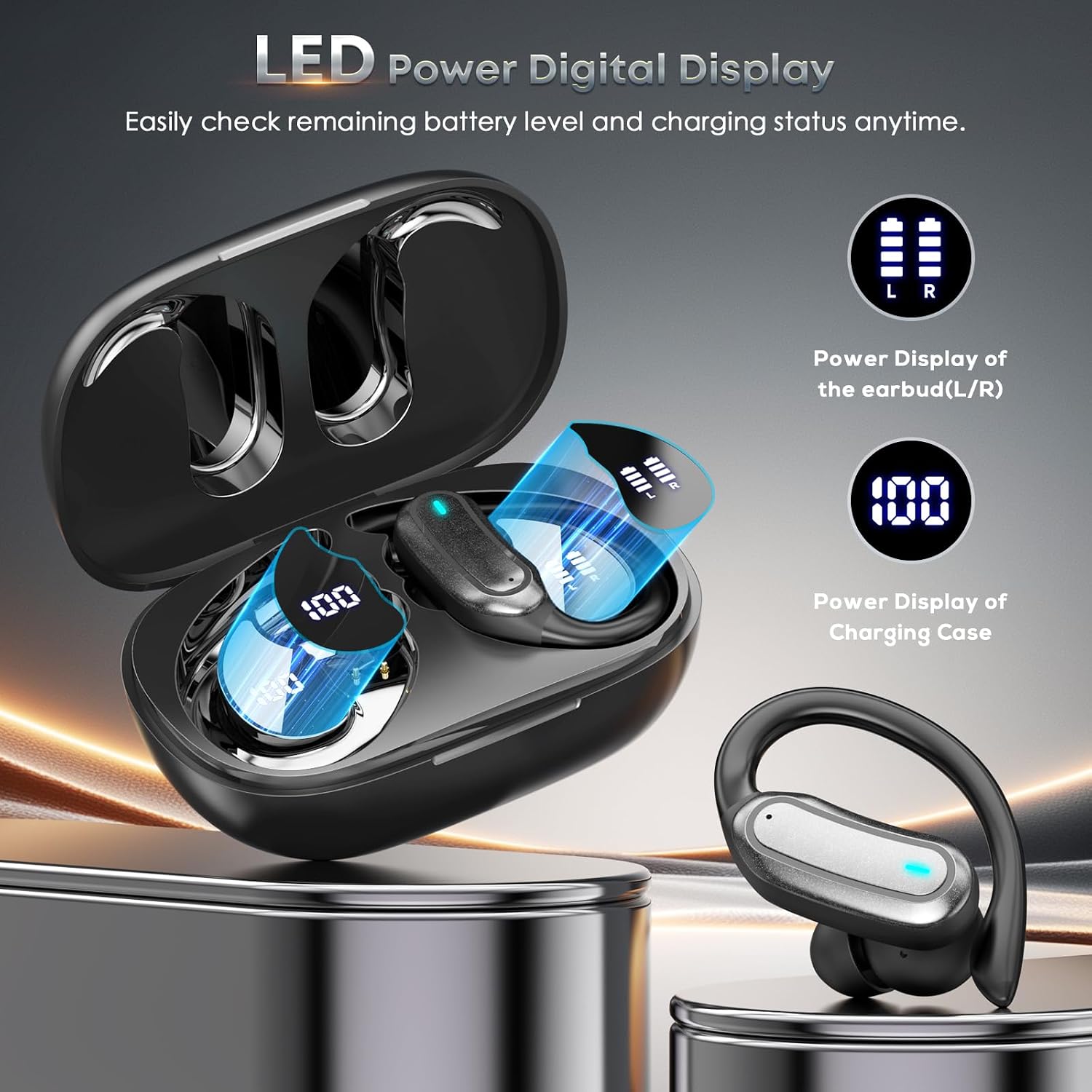 Wireless Earbuds Bluetooth Headphones, 54H Playtime Stereo Over Ear Buds with ENC Noise Cancelling, LED Power Display, IPX7 Waterproof Sport Earphones with Earhooks for Running/Workouts (Black) - Image 5