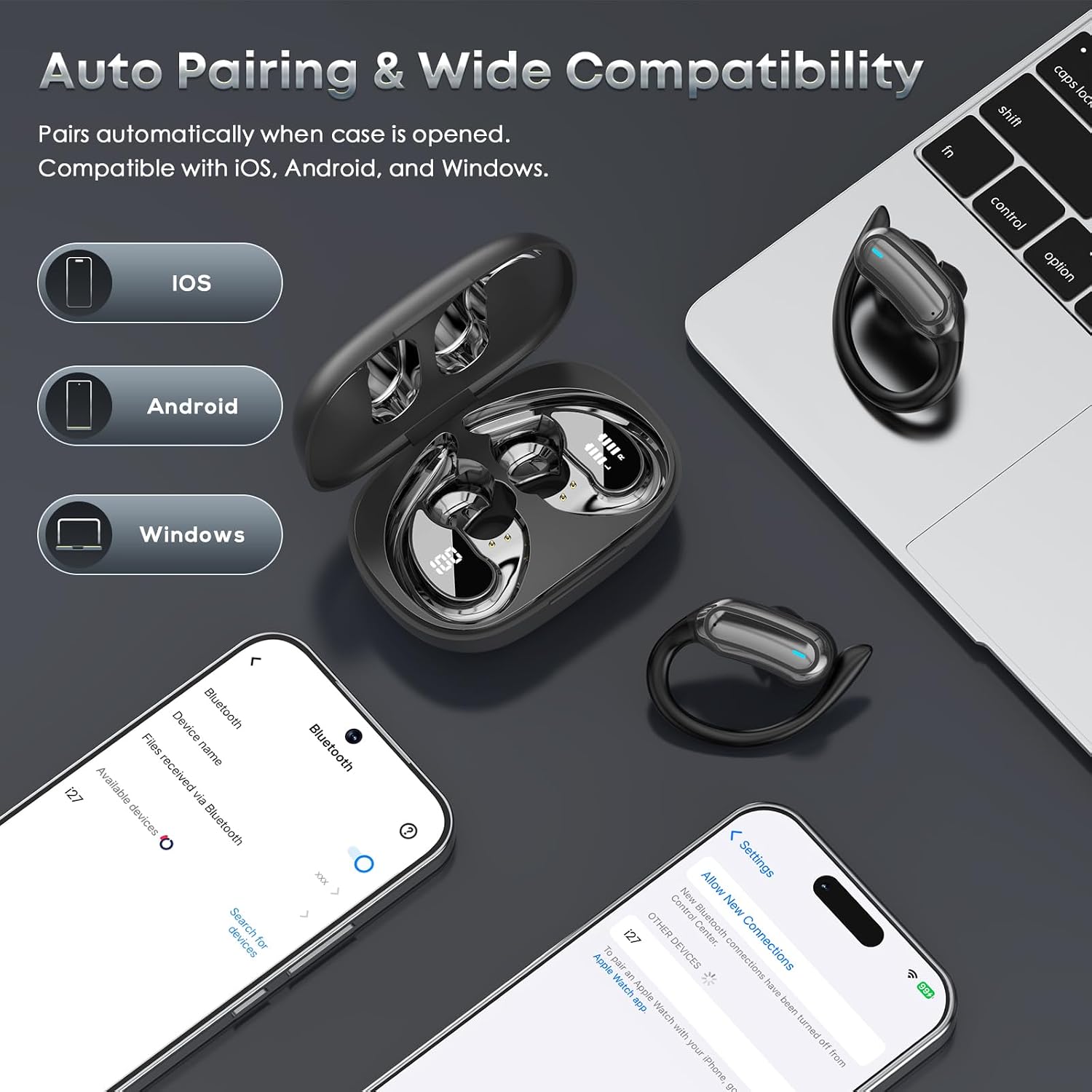 Wireless Earbuds Bluetooth Headphones, 54H Playtime Stereo Over Ear Buds with ENC Noise Cancelling, LED Power Display, IPX7 Waterproof Sport Earphones with Earhooks for Running/Workouts (Black) - Image 6